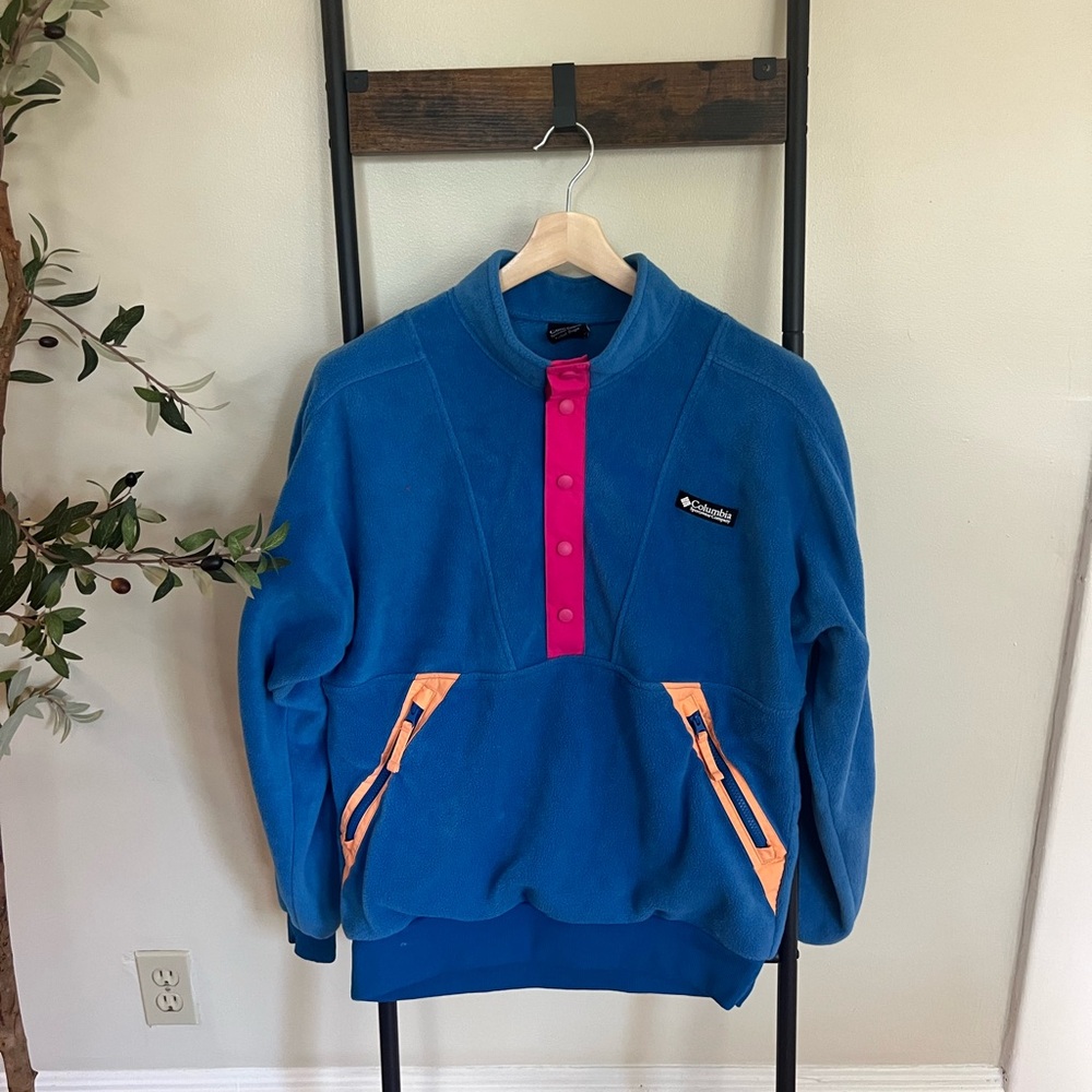 Columbia Men's Blue Sweater with Pink and Orange Accents